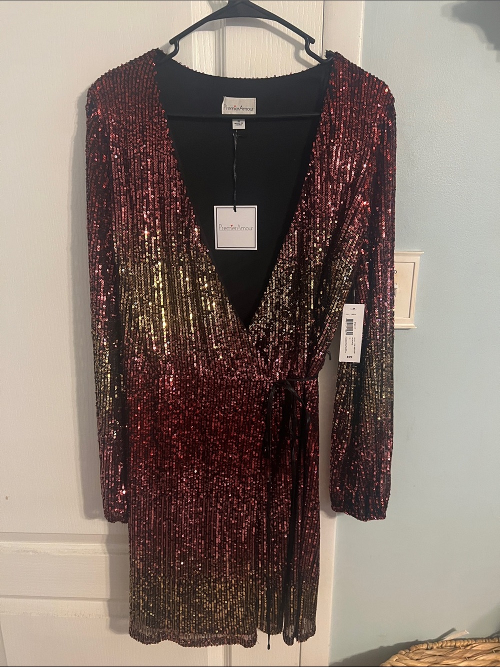 Premier Amour Red Sequin Long Sleeve Wrap Dress